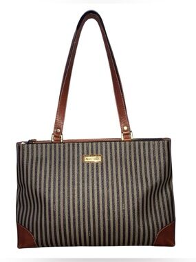 Striped Canvas Tote with Brown Leather Trim - Brown/Black